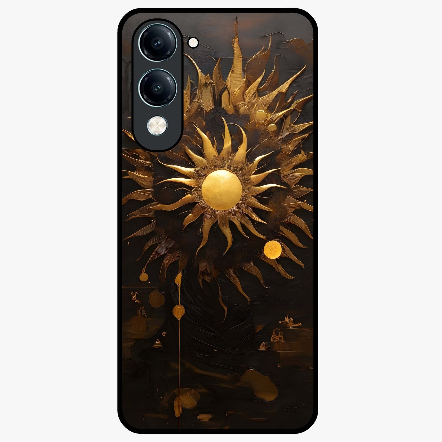 Golden Sun Majesty Glass Case showing flat back view with radiant golden sun artwork and glossy glass finish.