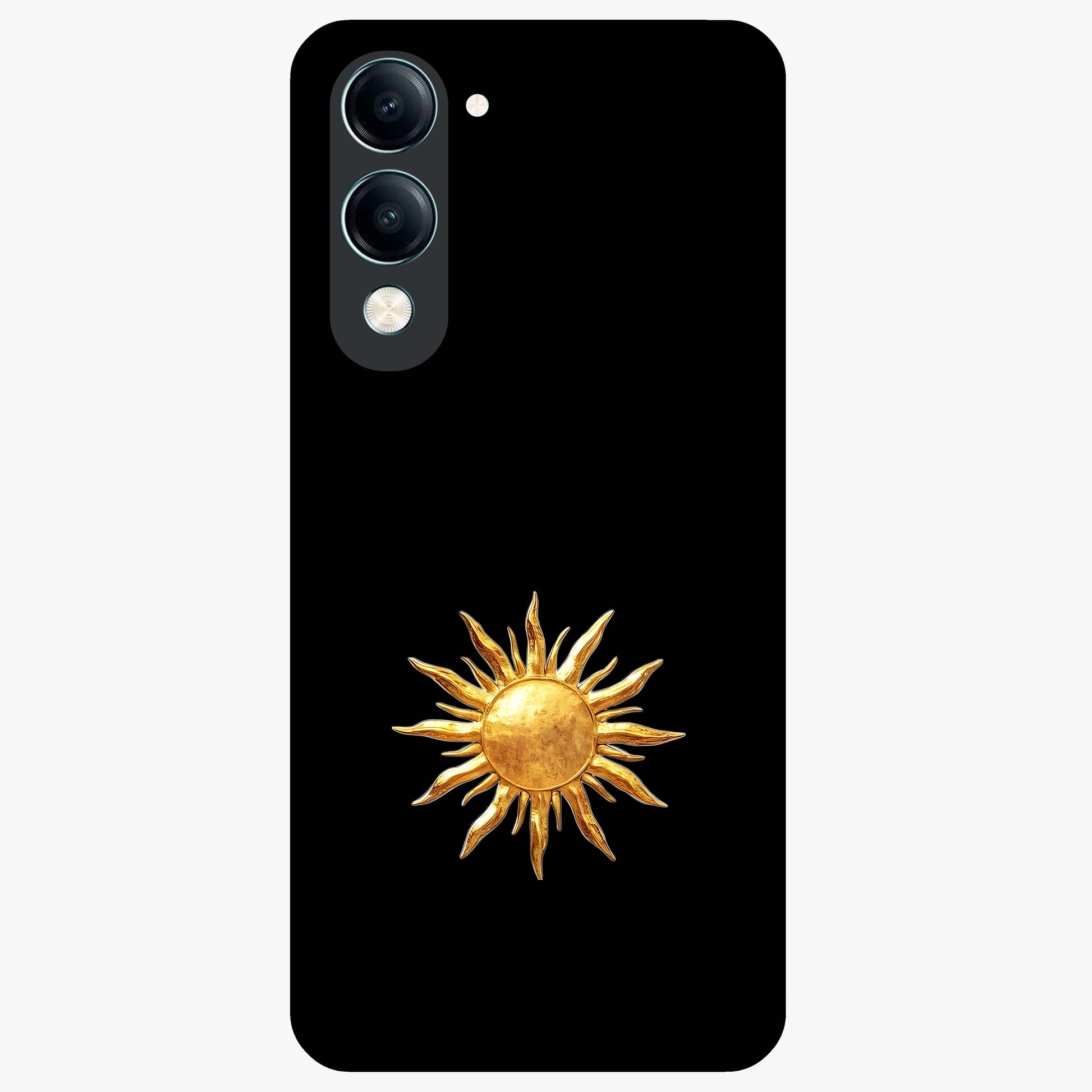 Golden Sun Minimalism Glass Case showing flat back view with minimal golden sun artwork and glossy glass finish.