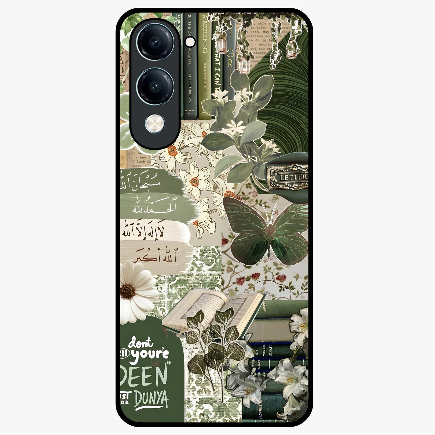 Green Islamic Books Quotes Glass Case showing flat back view with Islamic quotes and book themed artwork and glossy glass finish.