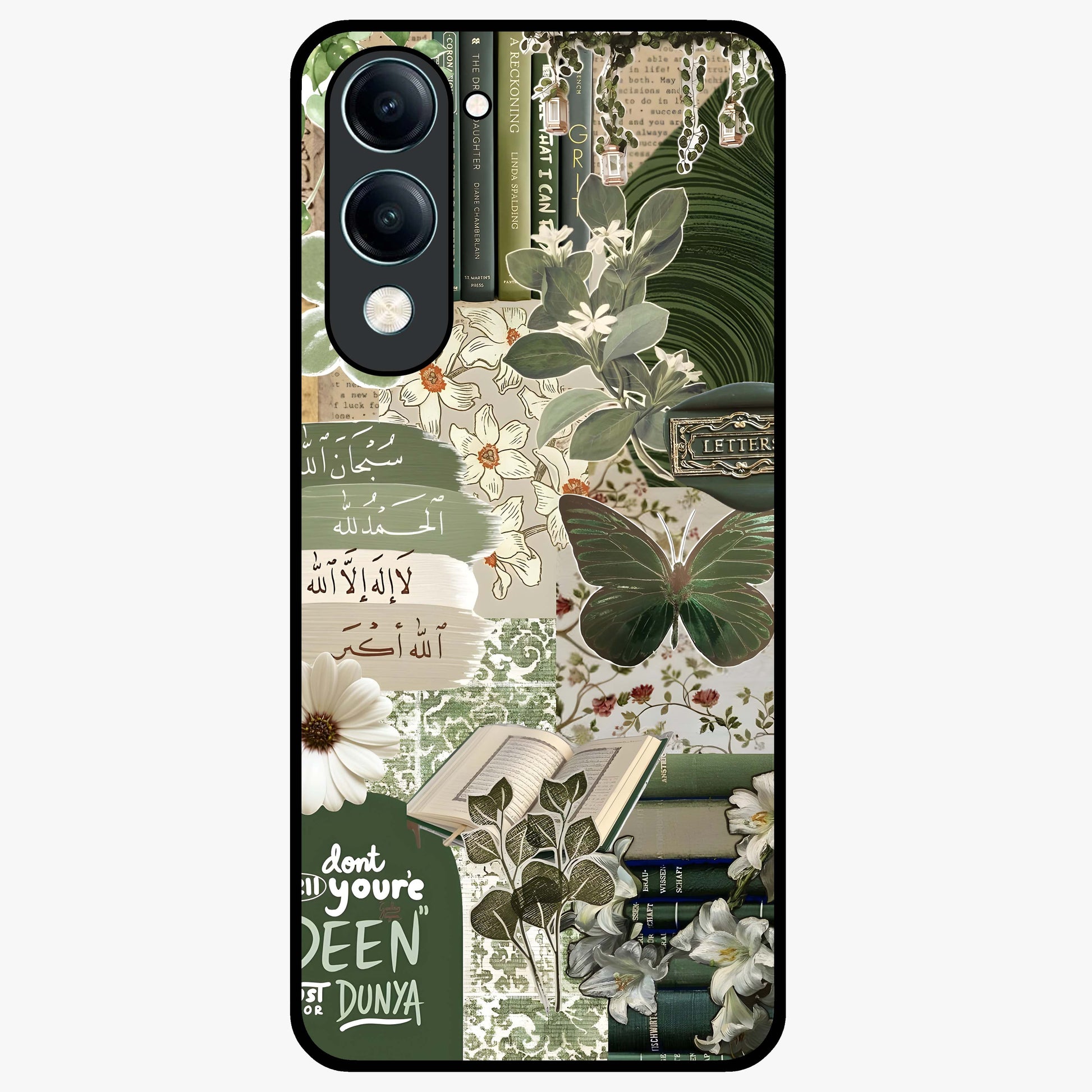 Green Islamic Books Quotes Glass Case showing flat back view with Islamic quotes and book themed artwork and glossy glass finish.