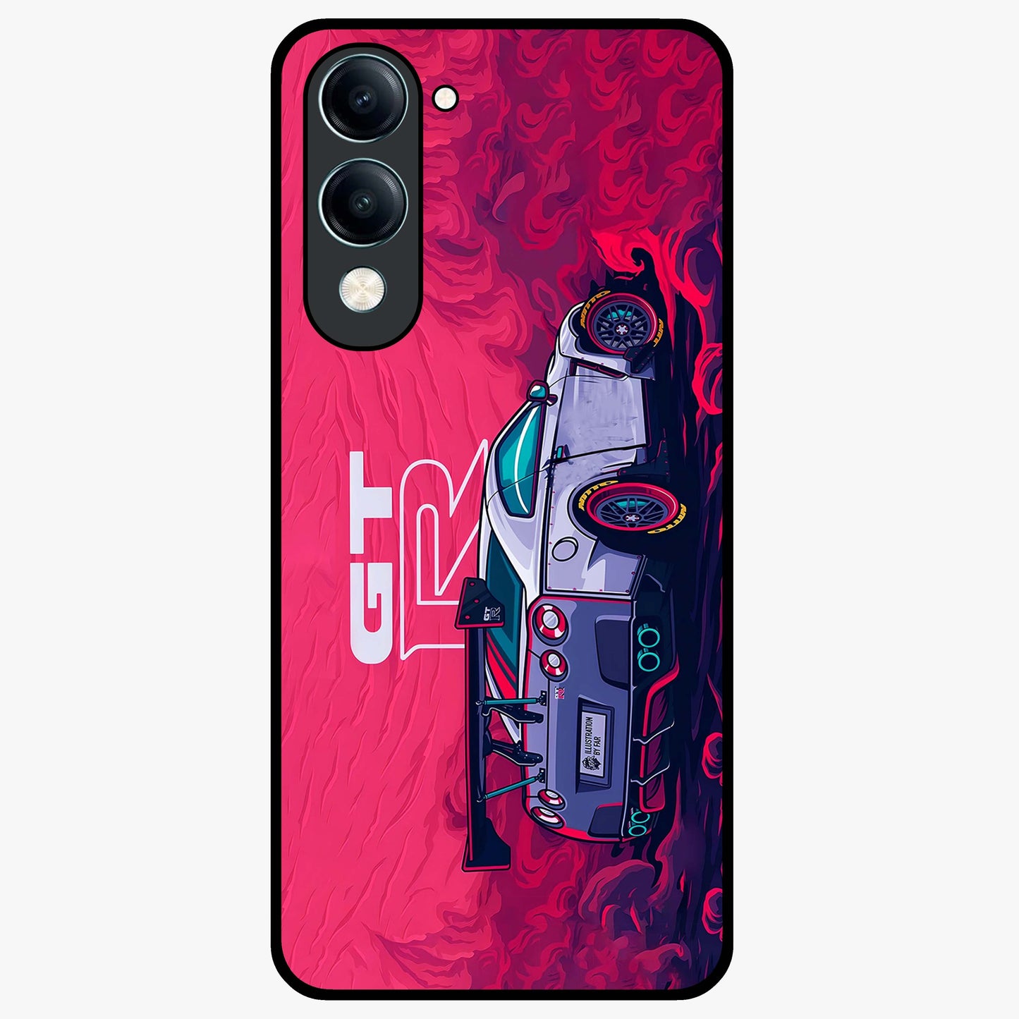 GT-R Car Pattern Glass Case showing flat back view with sporty car inspired pattern artwork and glossy glass finish.