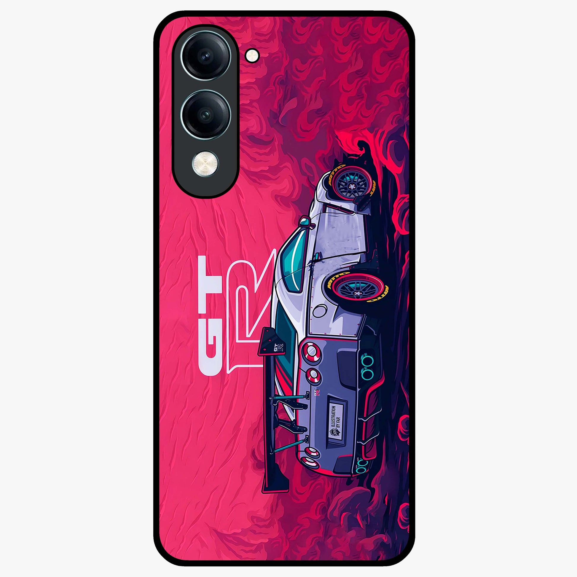 GT-R Car Pattern Glass Case showing flat back view with sporty car inspired pattern artwork and glossy glass finish.