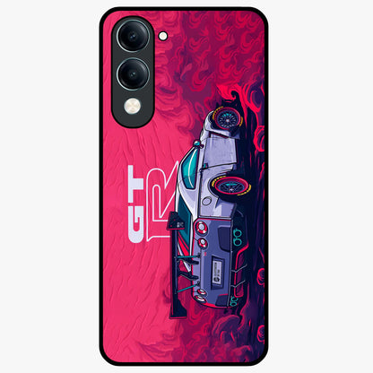 GT-R Car Pattern Glass Case showing flat back view with sporty car inspired pattern artwork and glossy glass finish.
