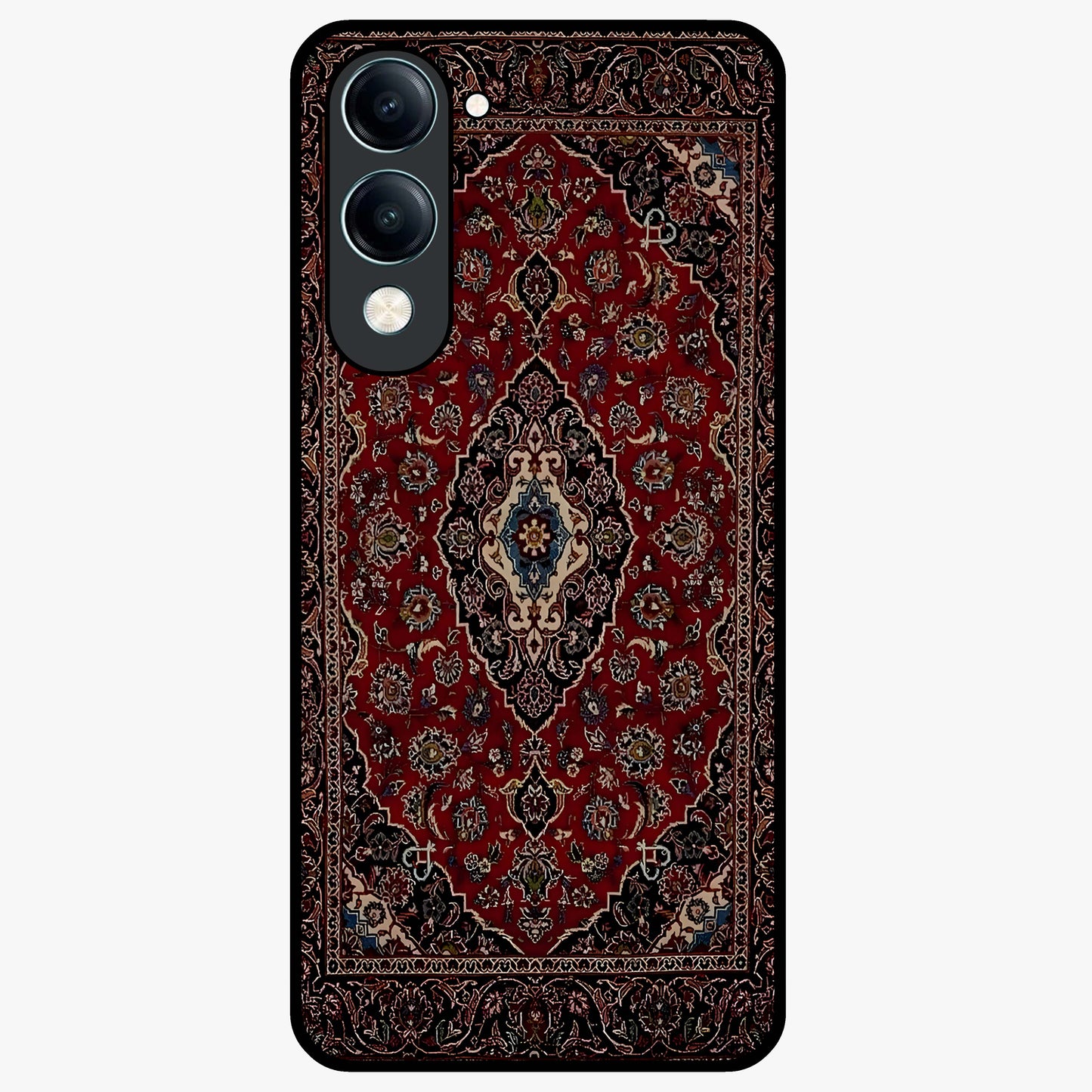 Heritage Carpet Royale Glass Case showing flat back view with ornate Persian carpet inspired pattern and glossy glass finish.