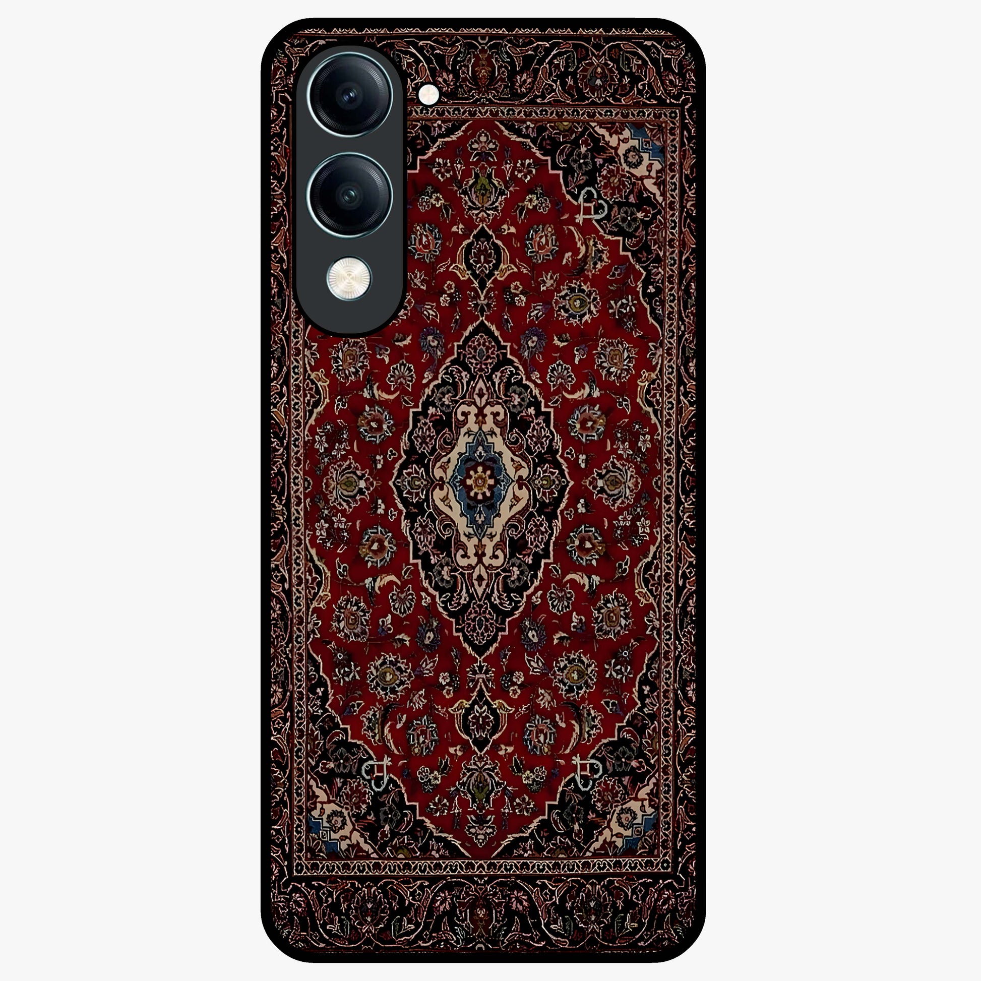 Heritage Carpet Royale Glass Case showing flat back view with ornate Persian carpet inspired pattern and glossy glass finish.