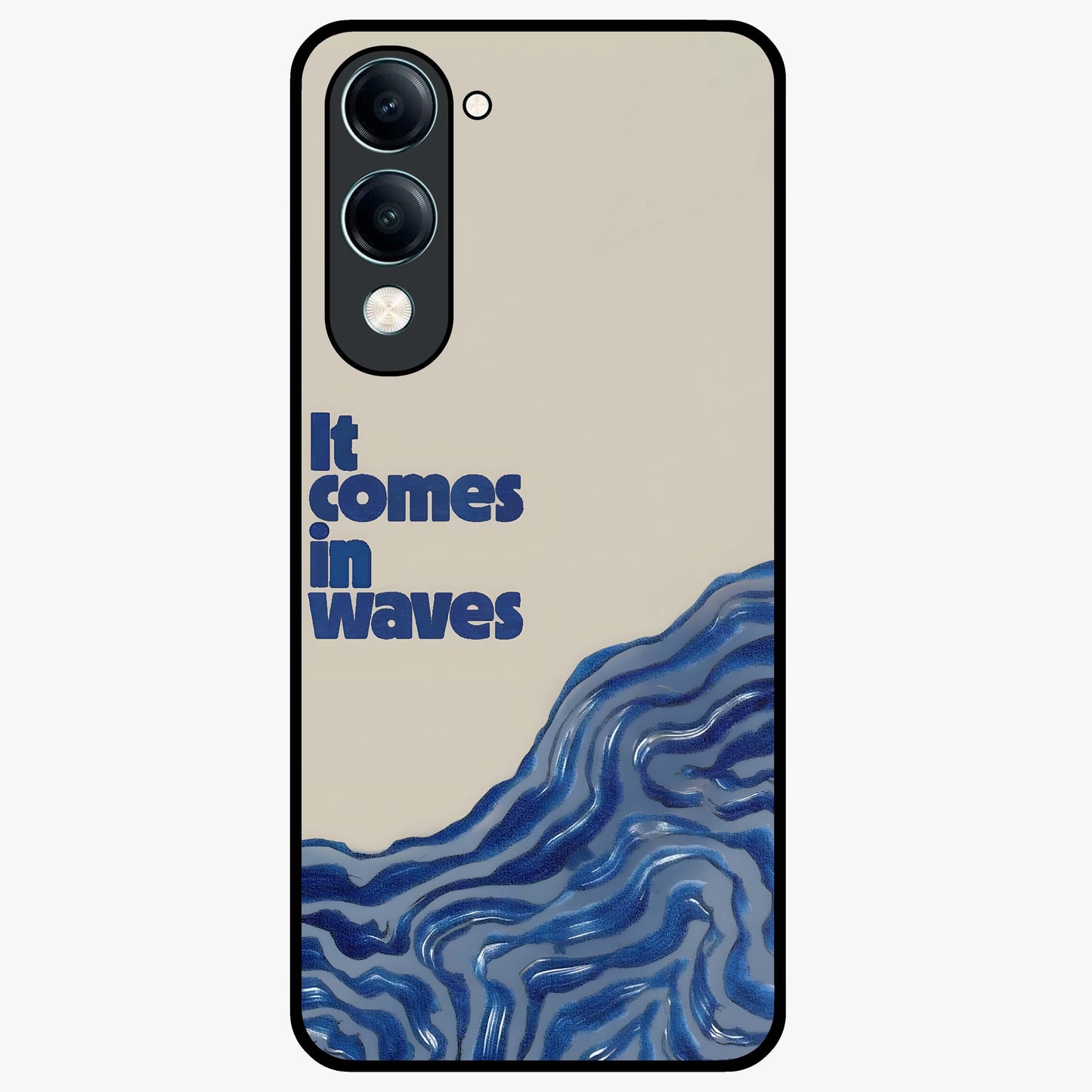It Comes In Waves Quote Glass Case showing flat back view with inspirational wave themed quote artwork and glossy glass finish.
