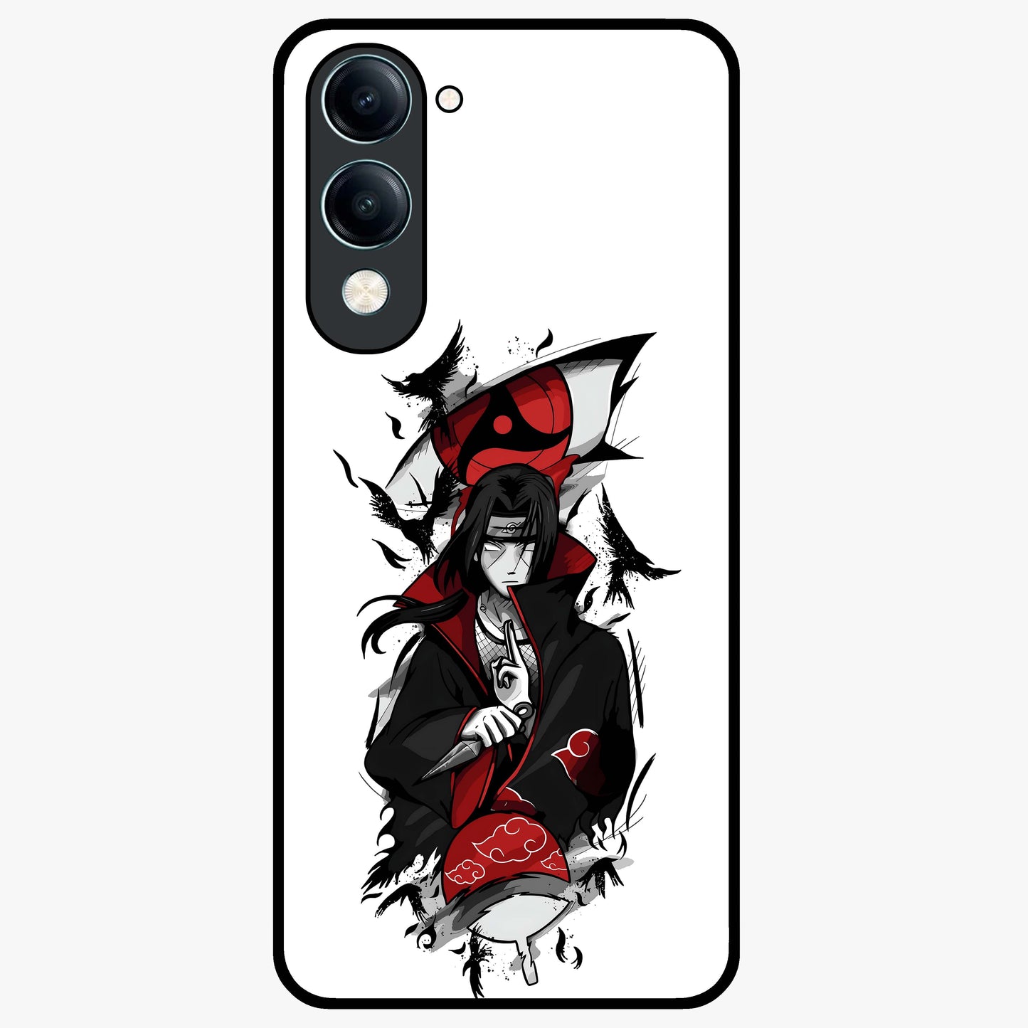 Itachi Sharingan Glass Case showing flat back view with powerful anime eye artwork and glossy glass finish.