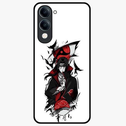 Itachi Sharingan Glass Case showing flat back view with powerful anime eye artwork and glossy glass finish.