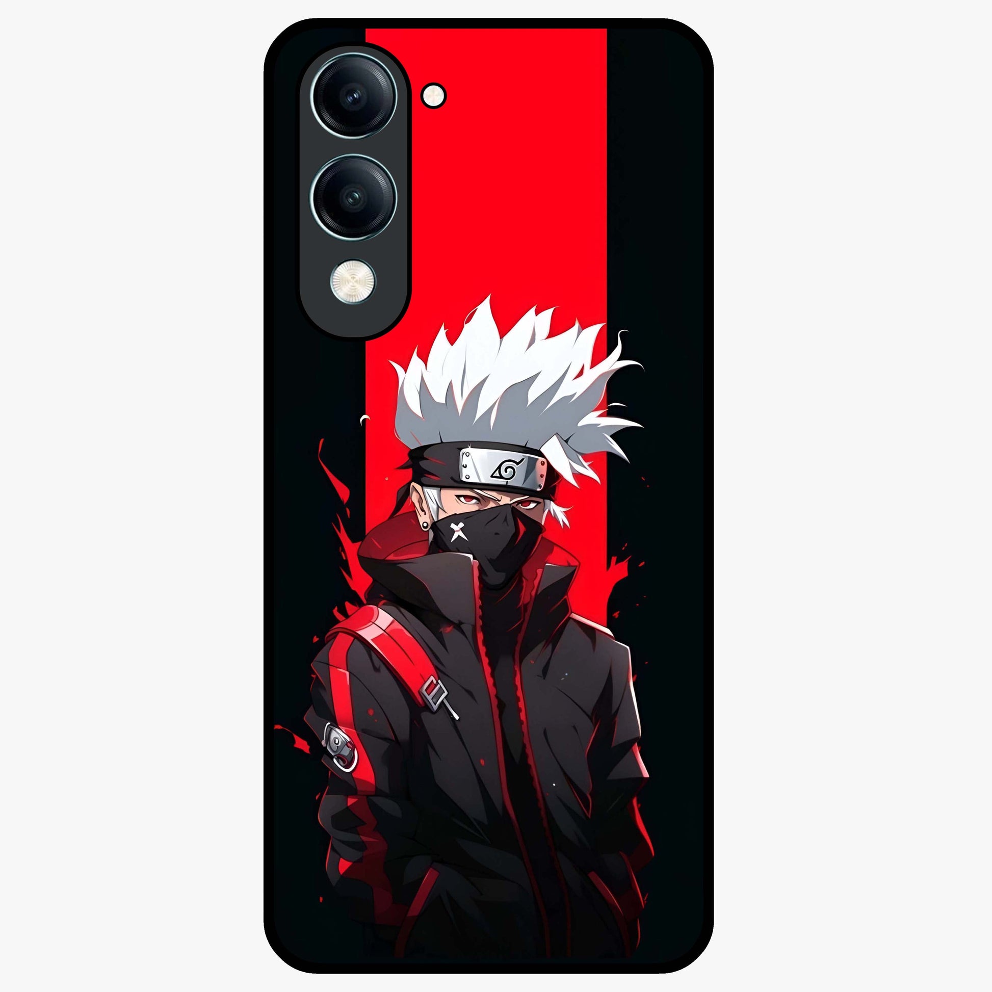 Kakashi Scarlet Shadow Glass Case showing flat back view with powerful anime ninja artwork and glossy glass finish.