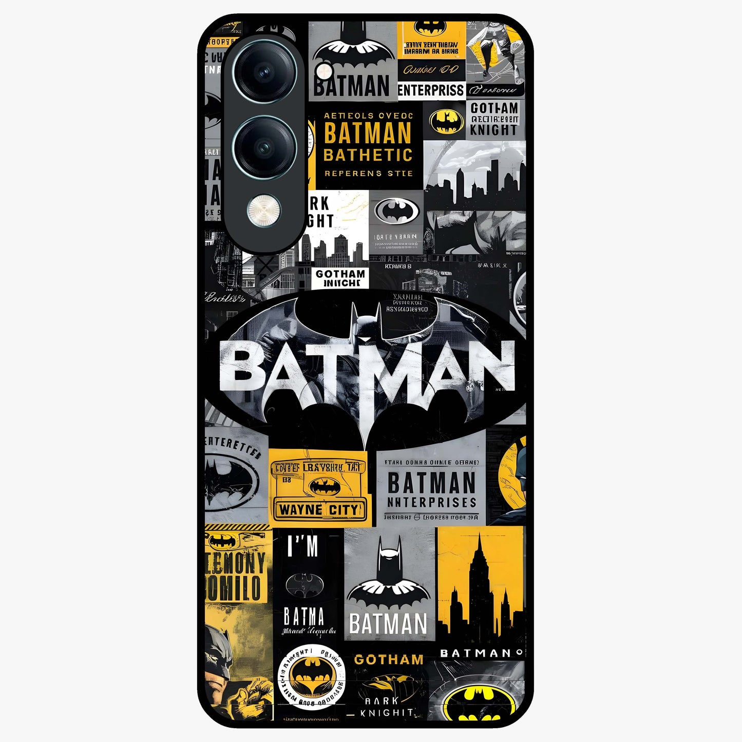 Knight Gotham Rise Glass Case showing flat back view with dark hero inspired artwork and glossy glass finish.