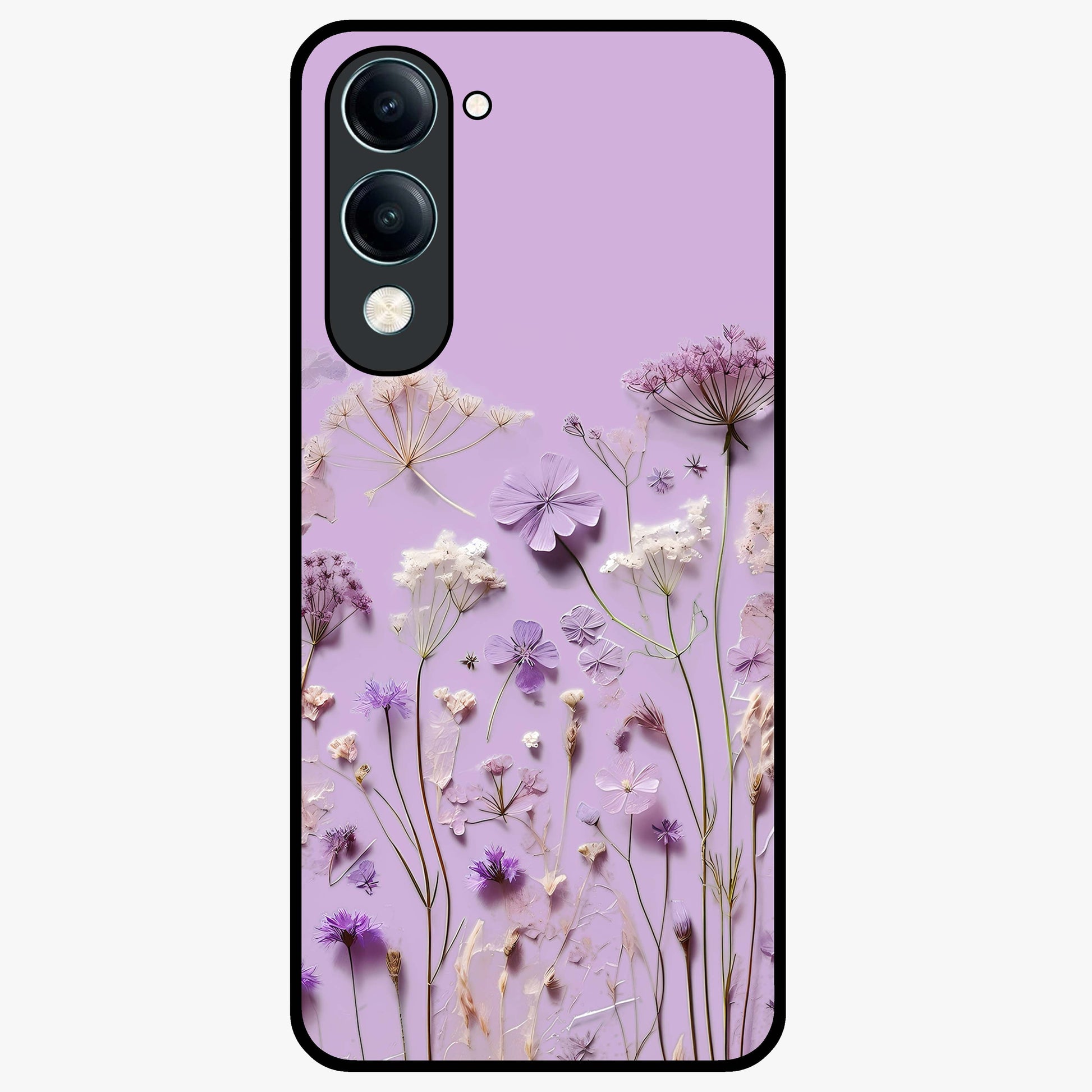 Lavender Blossom Dream Glass Case showing flat back view with soft lavender floral artwork and glossy glass finish.