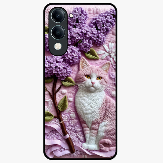 Lavender Cat Whimsy Glass Case showing flat back view with cute lavender cat artwork and glossy glass finish.