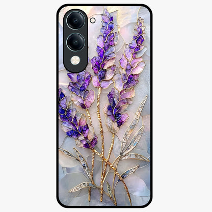 Lavender Dream Glow Glass Case showing flat back view with glowing lavender aesthetic artwork and glossy glass finish.