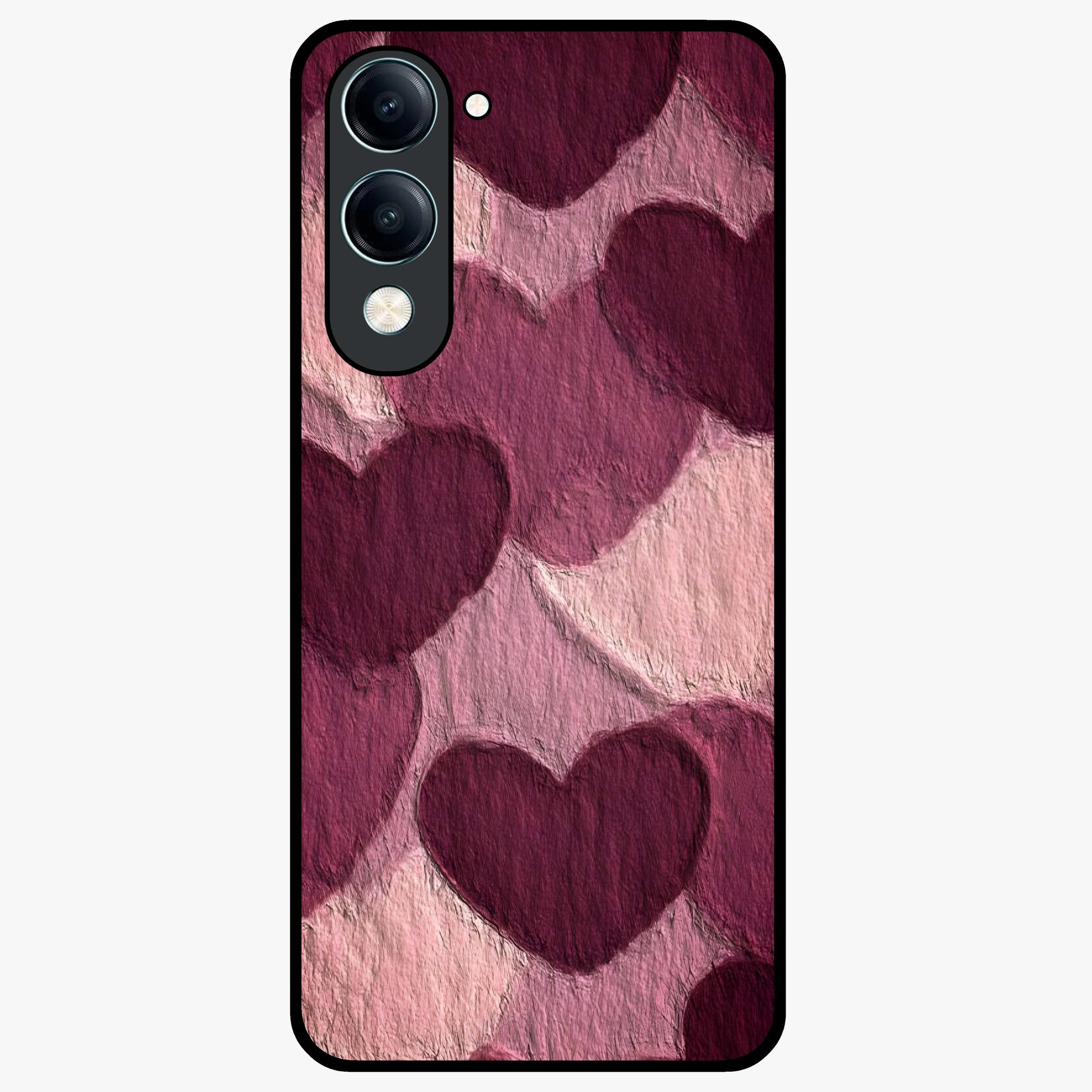 Layered Paper Hearts Glass Case showing flat back view with layered paper heart artwork and glossy glass finish.