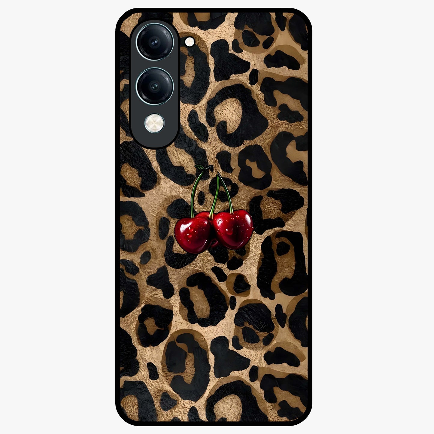 Leopard Wild Cherry Glass Case showing flat back view with leopard pattern and cherry artwork and glossy glass finish.