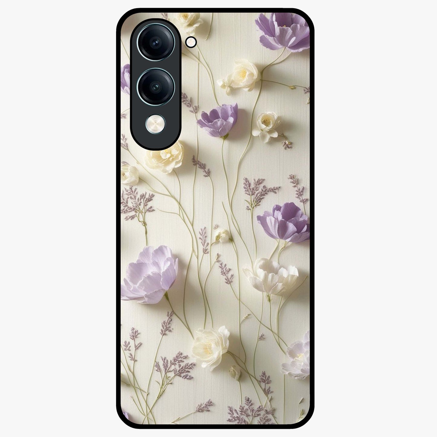 Lilac Breeze Harmony Glass Case showing flat back view with soft lilac themed artwork and glossy glass finish.