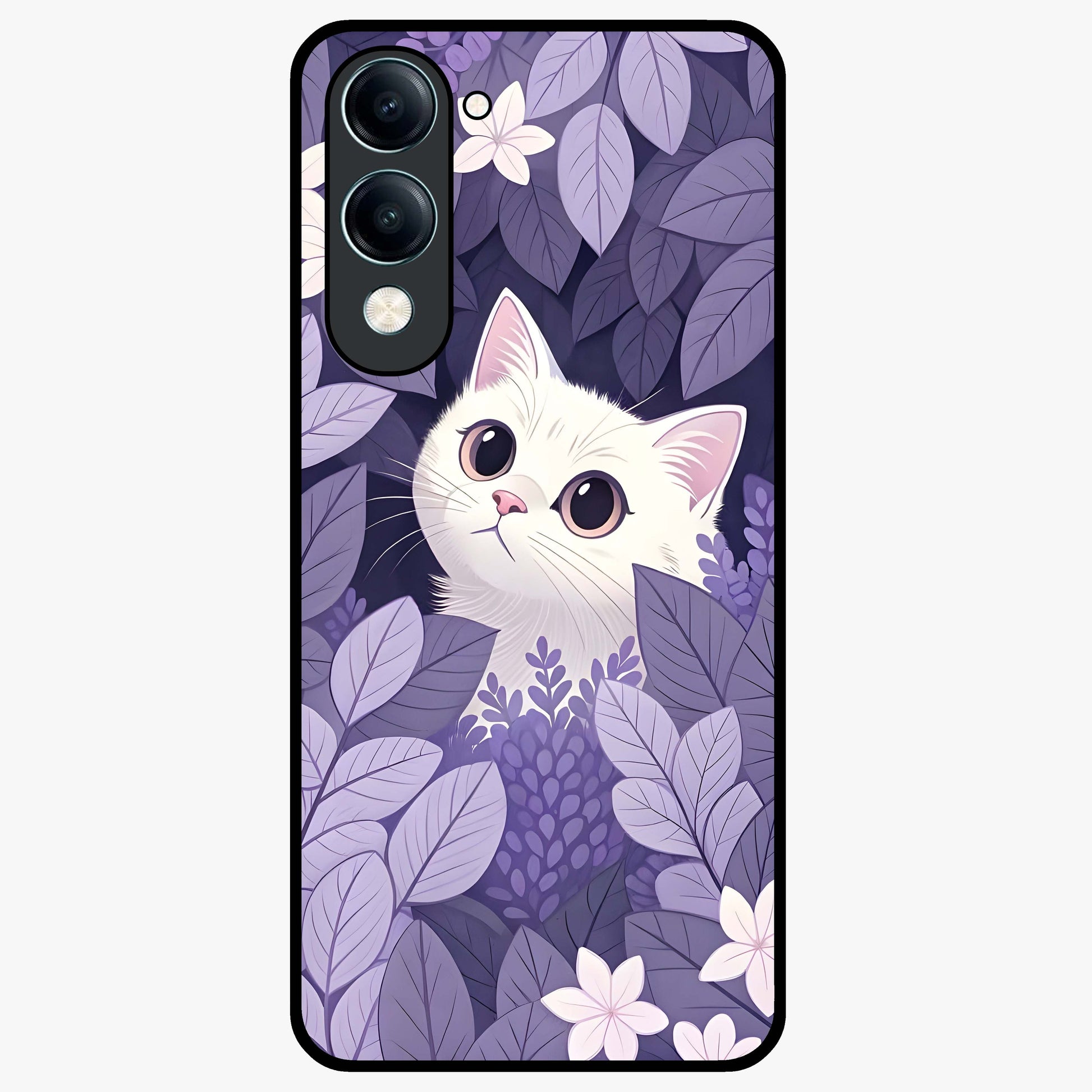 Lilac Hide Peek Cat Glass Case showing flat back view with cute peeking cat artwork and glossy glass finish.