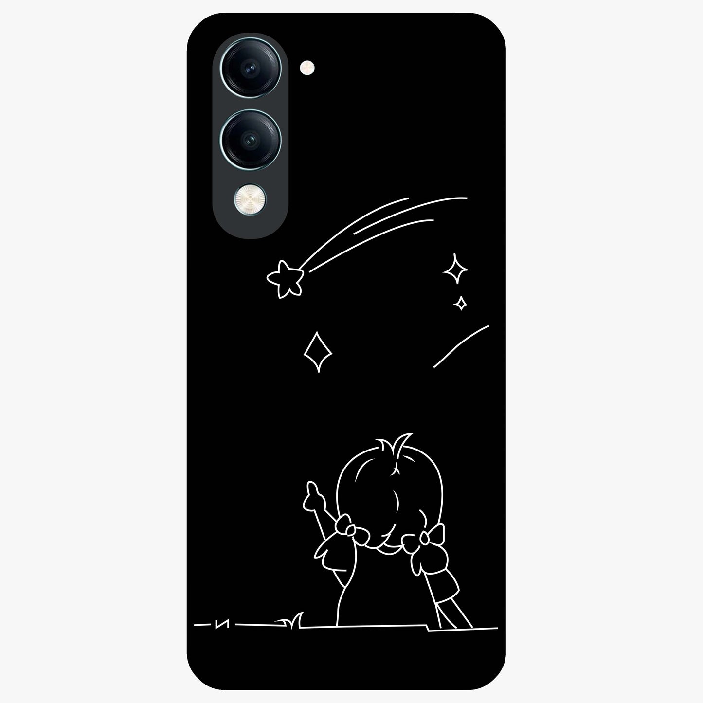 Line Art Girl With Shooting Stars Glass Case showing flat back view with minimal line art girl and shooting stars illustration and glossy glass finish.