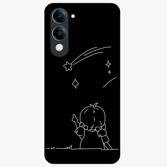 Line Art Girl With Shooting Stars Glass Case showing flat back view with minimal line art girl and shooting stars illustration and glossy glass finish.