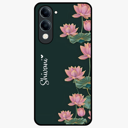 Lotus Bloom Serenity Custom Name Glass Case showing flat back view with elegant lotus flower artwork and personalized name design.