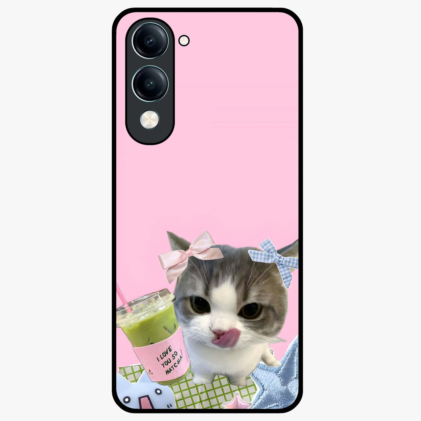 Love Matcha Cat Glass Case showing flat back view with cute cat and matcha themed artwork and glossy glass finish.