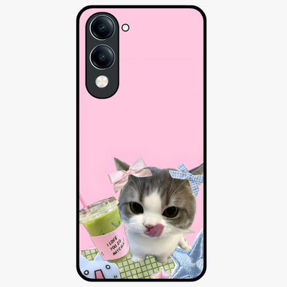 Love Matcha Cat Glass Case showing flat back view with cute cat and matcha themed artwork and glossy glass finish.