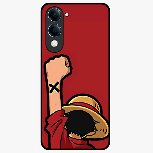 Luffy X Spirit Glass Case showing flat back view with bold anime character artwork and glossy glass finish.