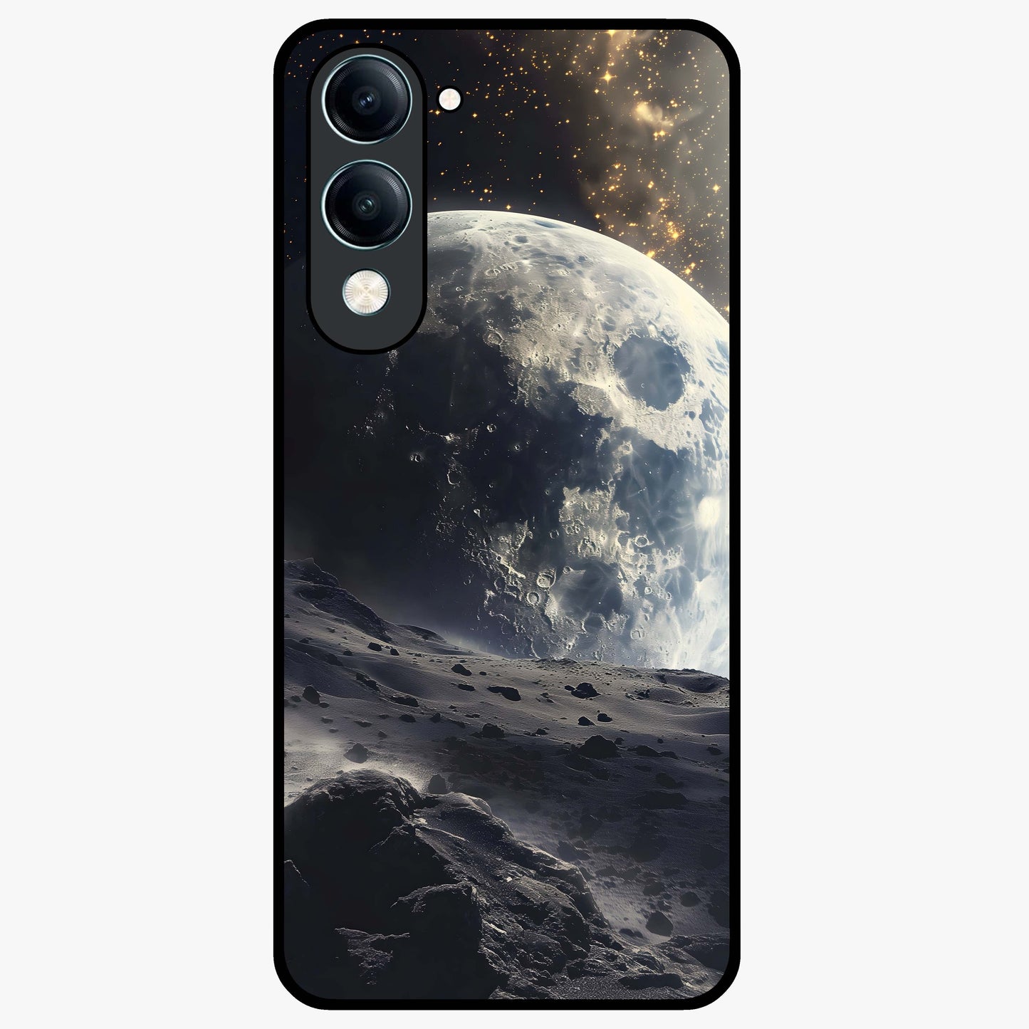 Lunar Horizon Glow Glass Case showing flat back view with glowing moon horizon artwork and glossy glass finish.