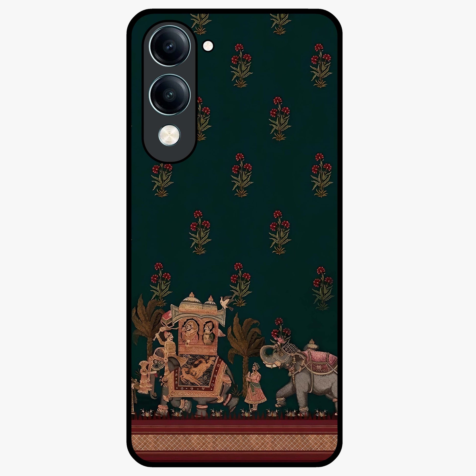 Macmerise Glass Case showing flat back view with stylish modern artwork and glossy glass finish.