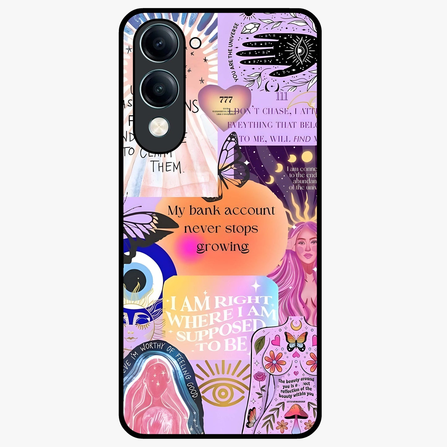 Manifestation Collage Glass Case showing flat back view with motivational collage artwork and glossy glass finish.