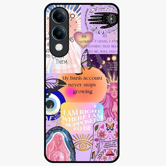 Manifestation Collage Glass Case showing flat back view with motivational collage artwork and glossy glass finish.
