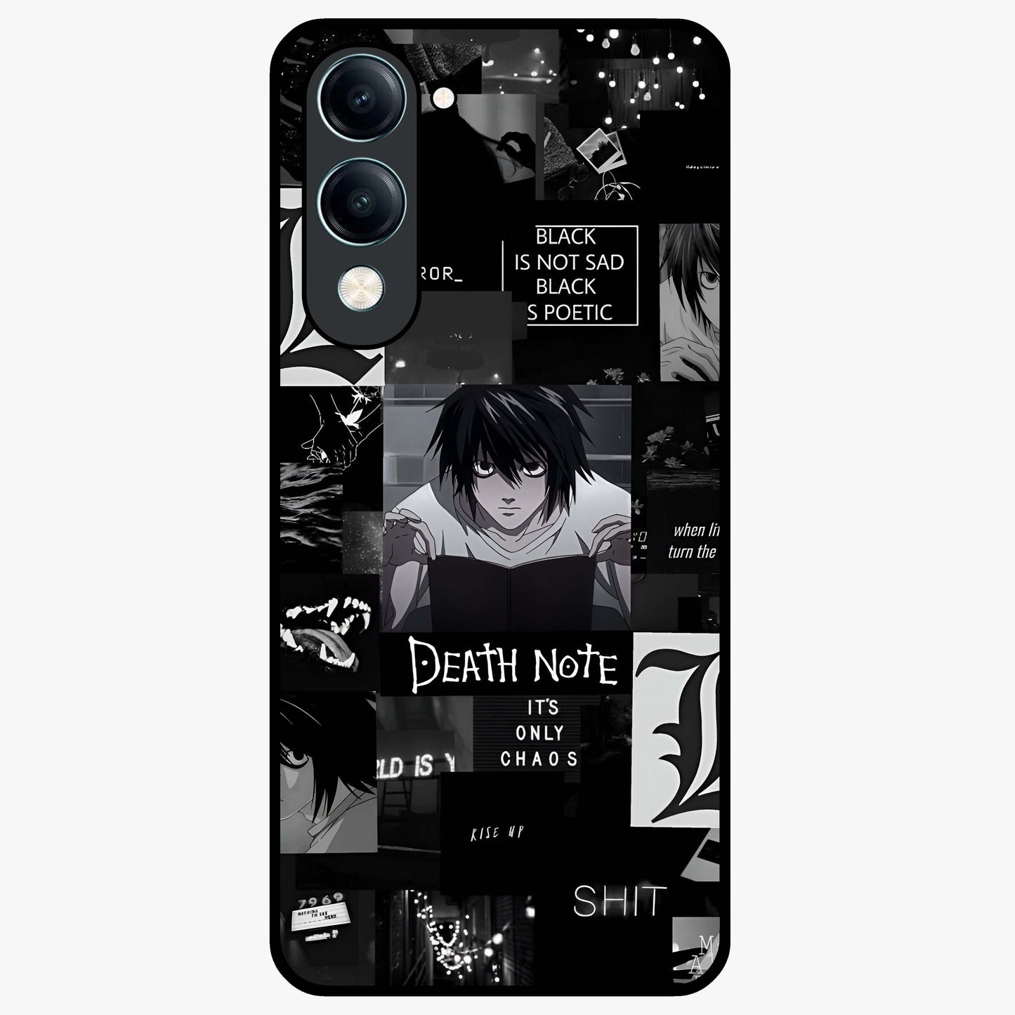Midnight Chaos Mind Glass Case showing flat back view with abstract dark themed artwork and glossy glass finish.