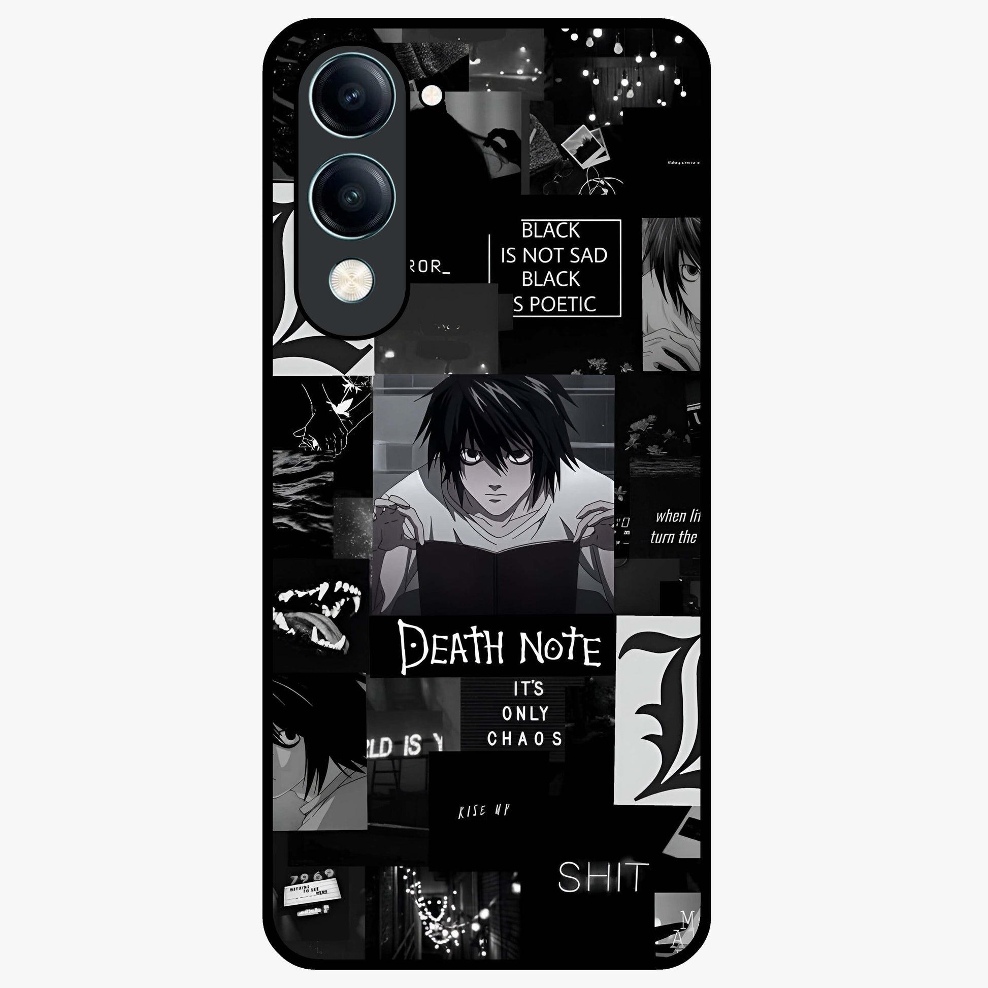 Midnight Chaos Mind Glass Case showing flat back view with abstract dark themed artwork and glossy glass finish.