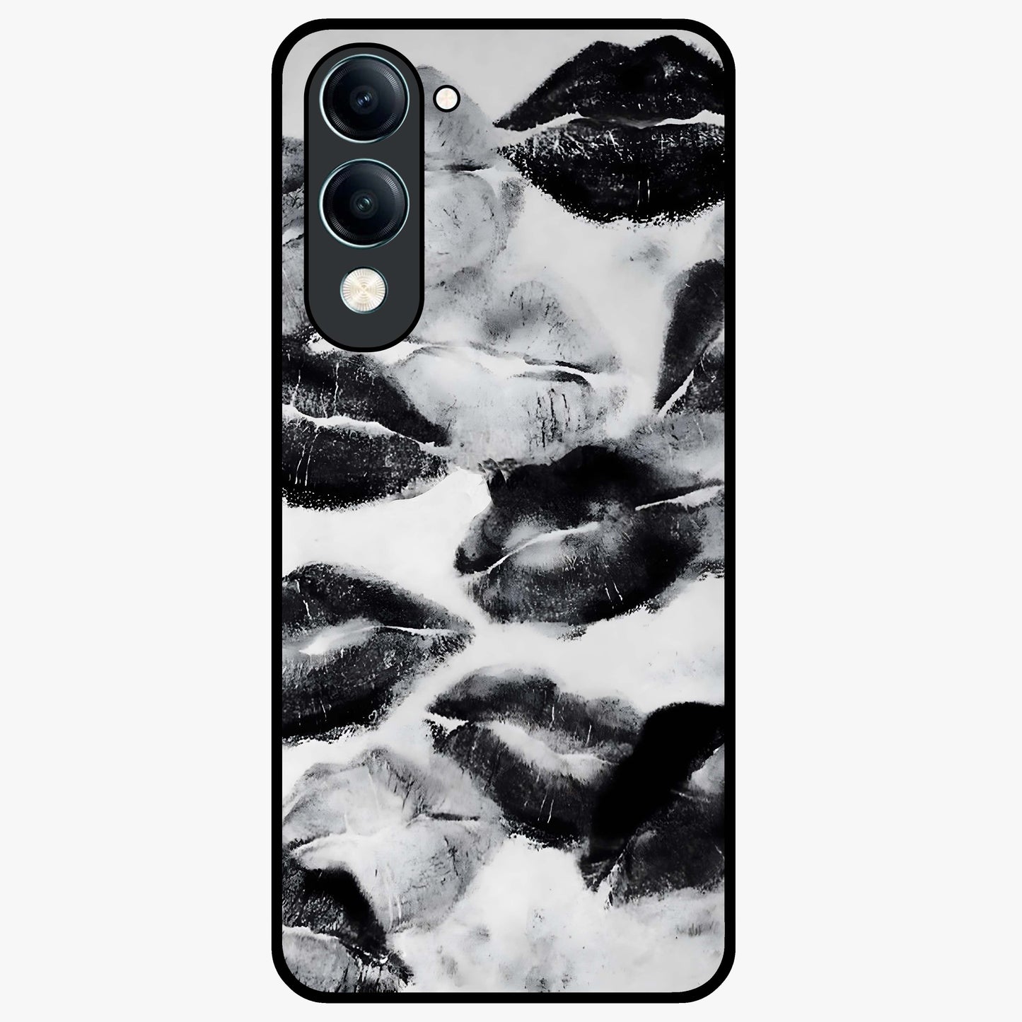 Midnight Kiss Marks Glass Case showing flat back view with lipstick kiss mark artwork and glossy glass finish.