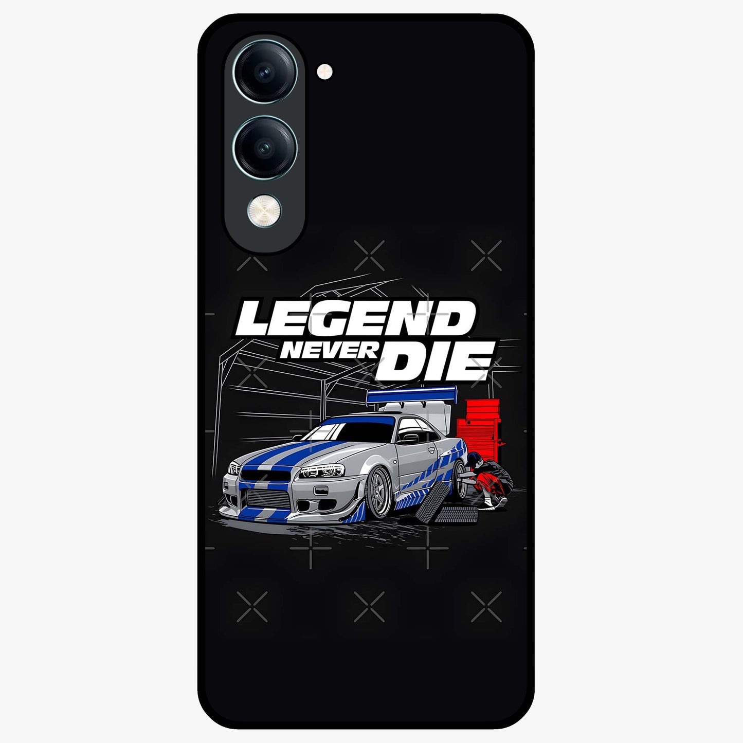 Midnight Racing Legacy Glass Case showing flat back view with sleek racing inspired artwork and glossy glass finish.
