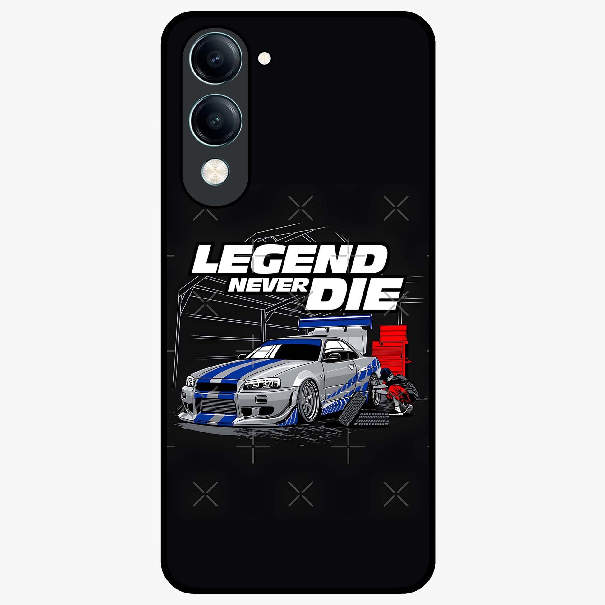 Midnight Racing Legacy Glass Case showing flat back view with sleek racing inspired artwork and glossy glass finish.