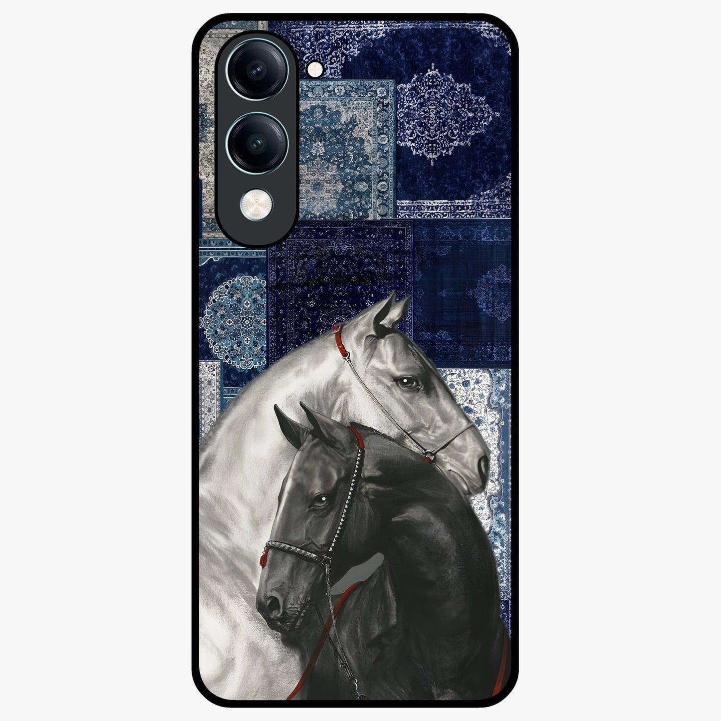 Midnight Stallion Blues Glass Case showing flat back view with majestic horse artwork and glossy glass finish.