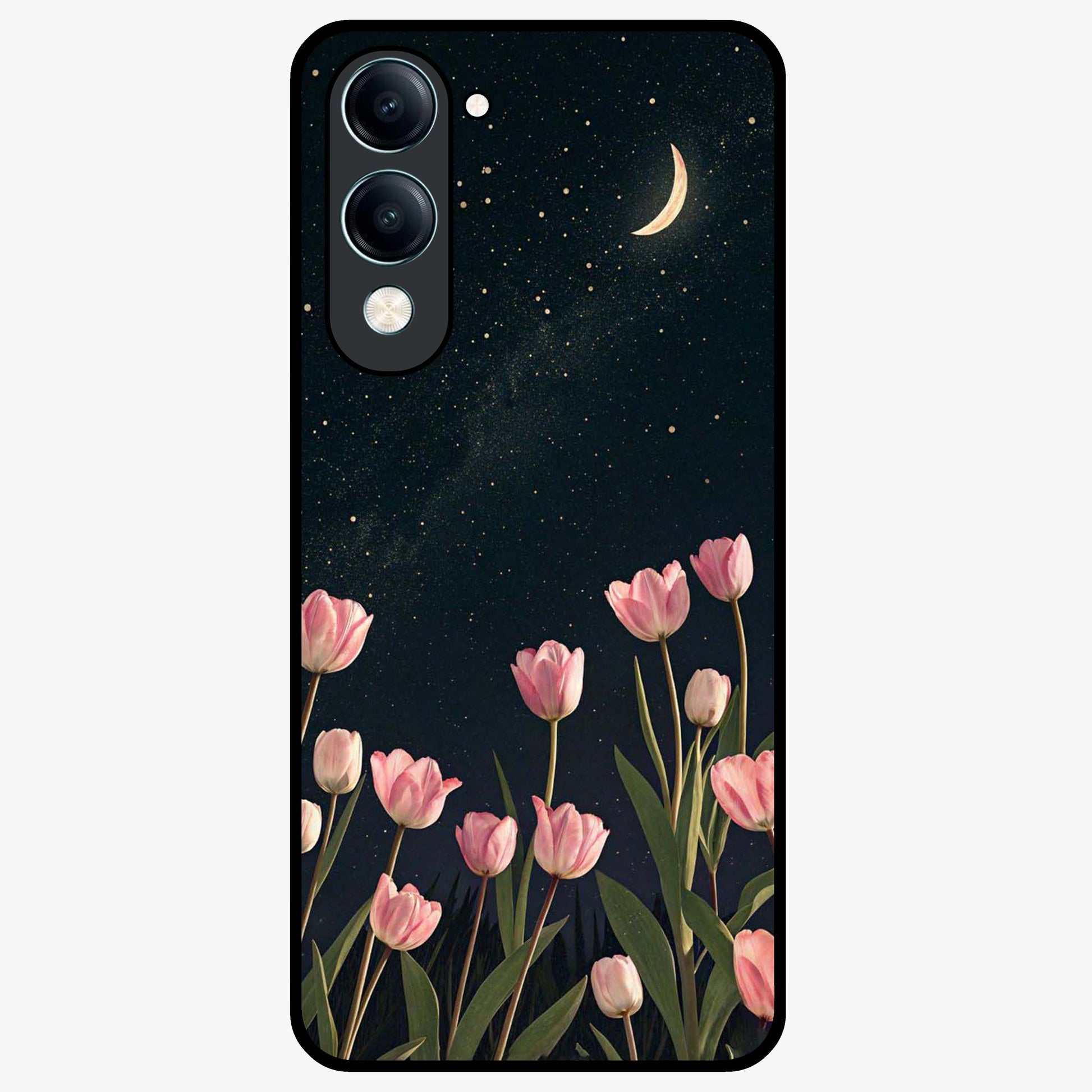 Midnight Tulip Whispers Vibe Glass Case showing flat back view with elegant tulip flower artwork and glossy glass finish.