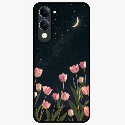 Midnight Tulip Whispers Vibe Glass Case showing flat back view with elegant tulip flower artwork and glossy glass finish.