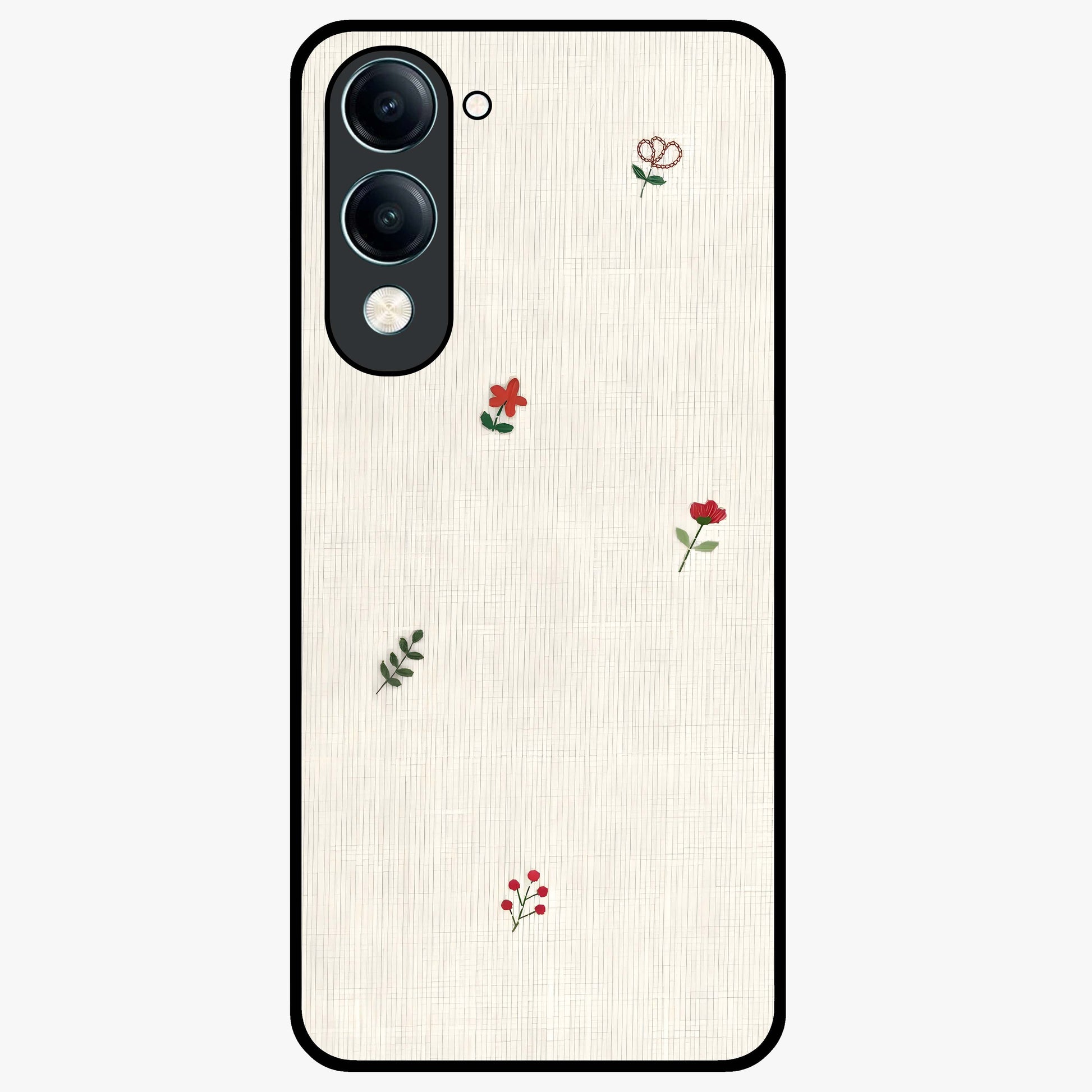 Minimal Petal Whispers Glass Case showing flat back view with soft minimal floral artwork and glossy glass finish.