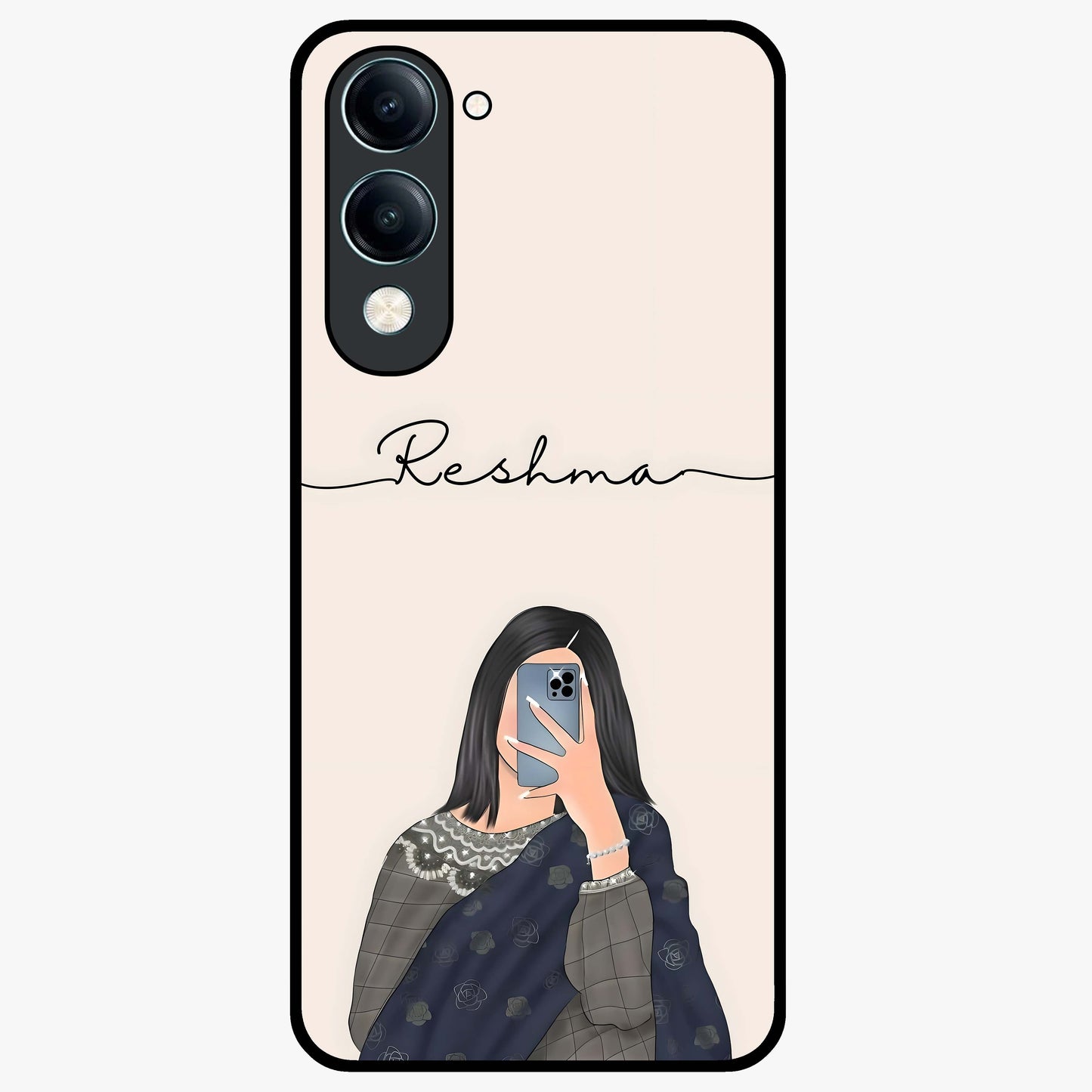 Mirror Mood Muse With Custom Name Glass Case showing flat back view with stylish mirrored artwork and personalized name design.