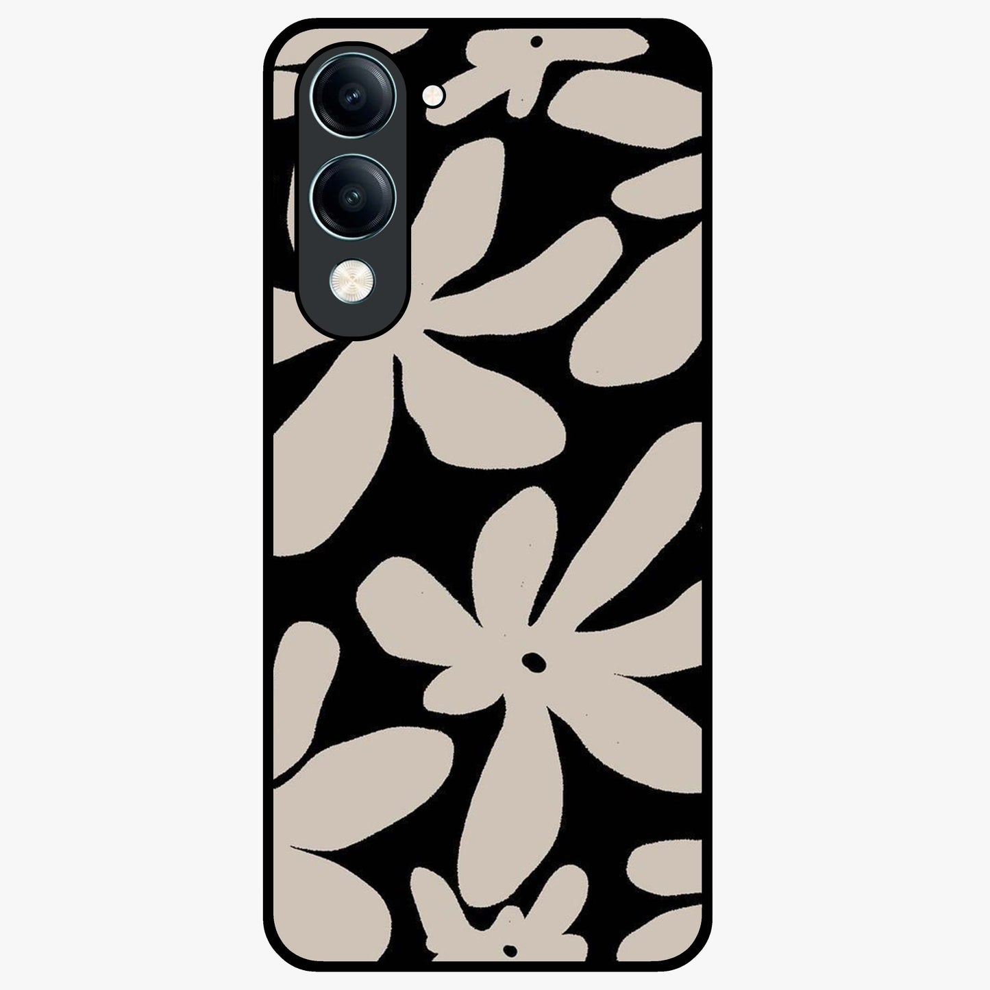 Monochrome Petal Dance Glass Case showing flat back view with monochrome floral artwork and glossy glass finish.