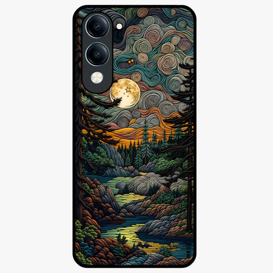 Moonlight Forest Dream Glass Case showing flat back view with mystical forest moonlight artwork and glossy glass finish.