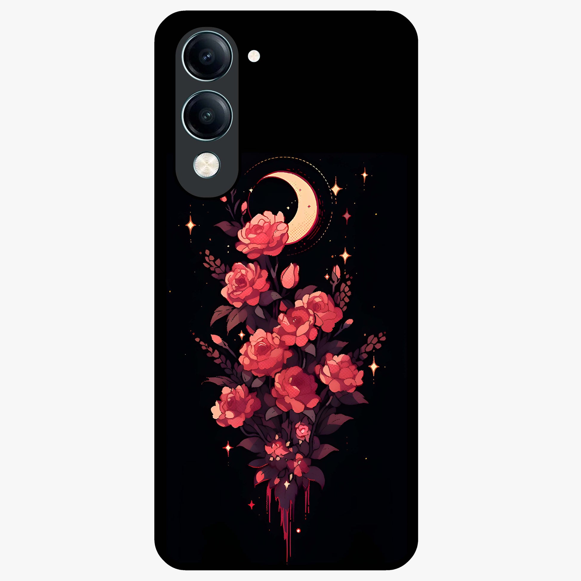 Moonlit Floral Elegance Glass Case showing flat back view with elegant floral artwork under moonlit tones and glossy glass finish.