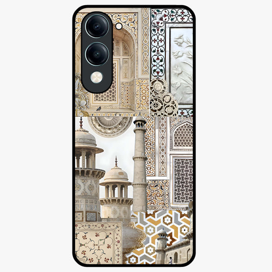 Mughal Marble Legacy Glass Case showing flat back view with intricate Mughal inspired marble pattern and glossy glass finish.