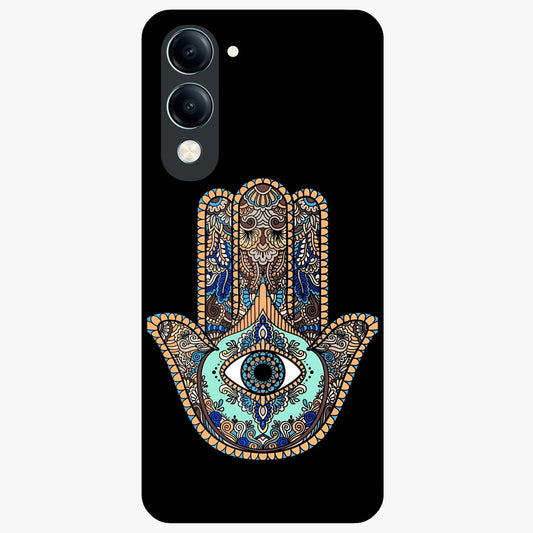 Mystic Hamsa Eye Glass Case showing flat back view with protective hamsa hand and evil eye artwork and glossy glass finish.