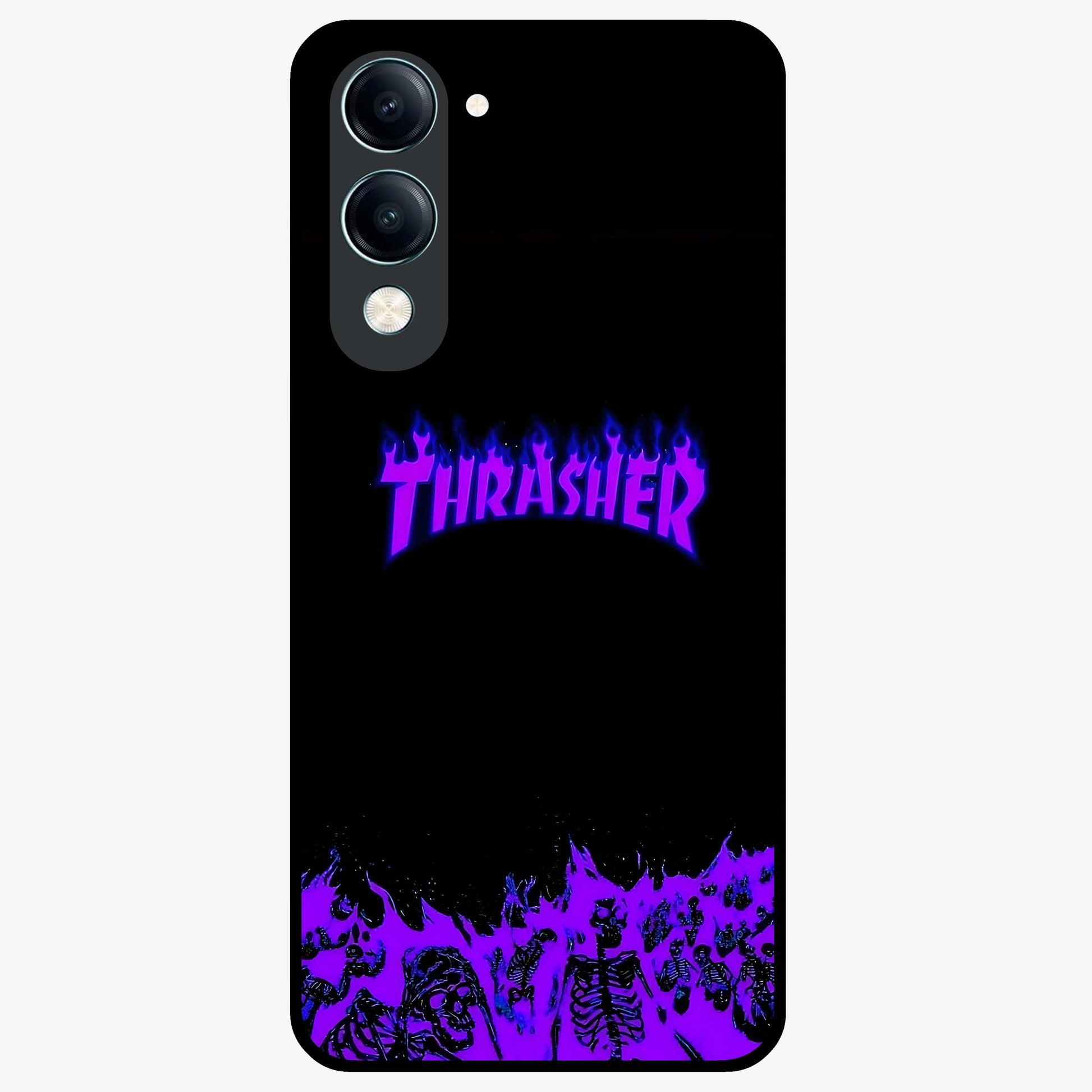 Neon Flame Riot Glass Case showing flat back view with neon flame artwork and glossy glass finish.
