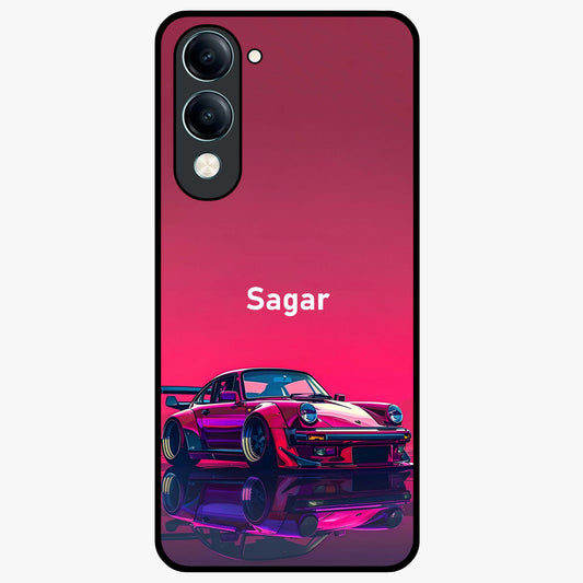 Neon Pink Porsche Glass Case showing flat back view with stylish sports car artwork and glossy glass finish.