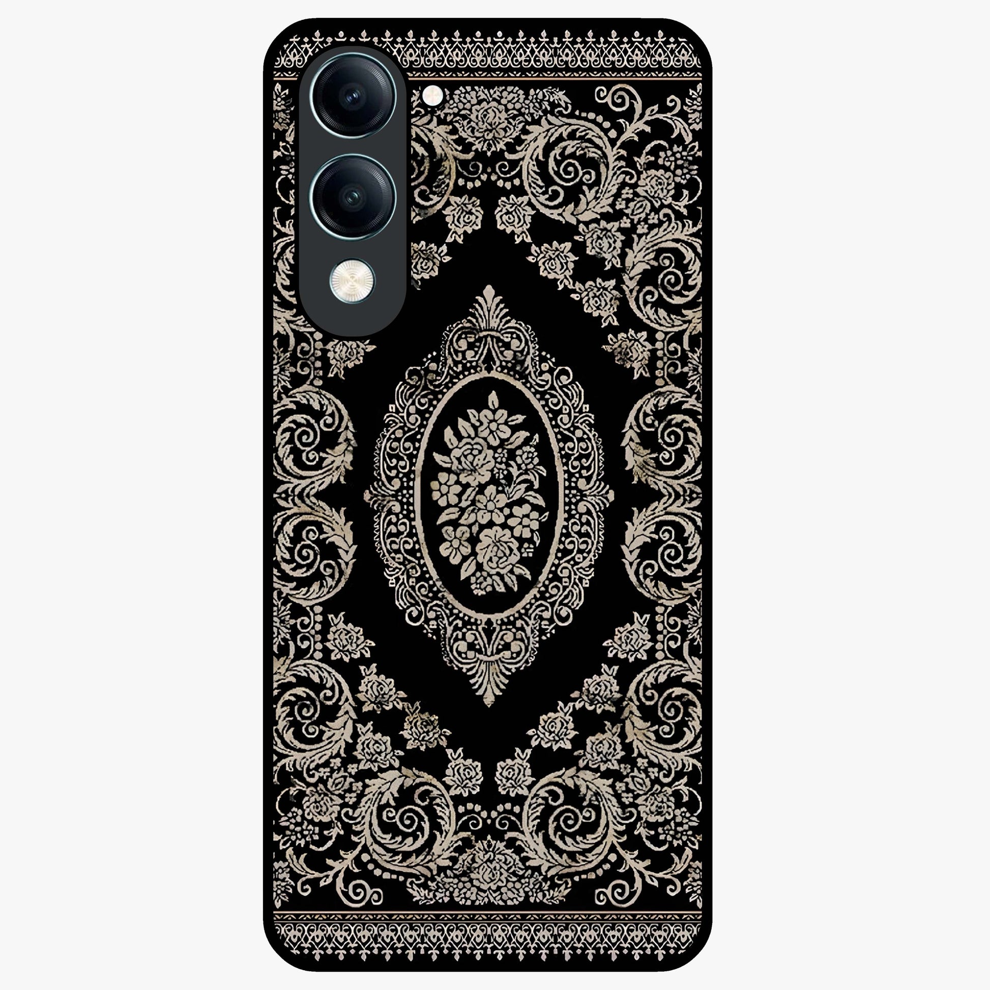 Noir Bloom Elegance Glass Case showing flat back view with elegant dark floral artwork and glossy glass finish.