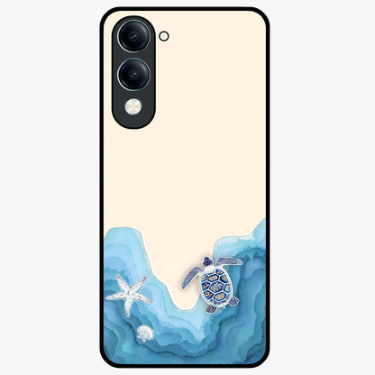 Ocean Drift Turtle Glass Case showing flat back view with sea turtle artwork and glossy glass finish.
